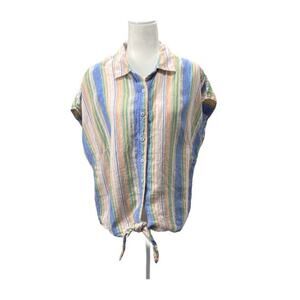 Talbots Linen Tie-Hem Button-Front Top Blue Iris Multi Color Blue Green Size X